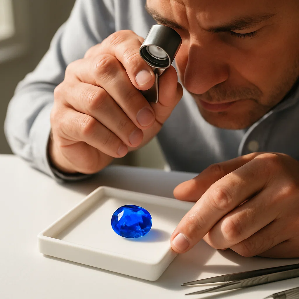 Gemologist inspecting blue sapphire
