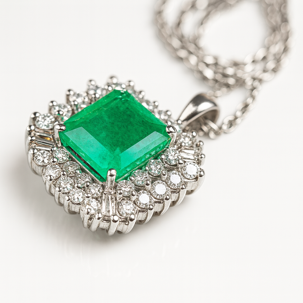Emerald pendant with diamond halo
