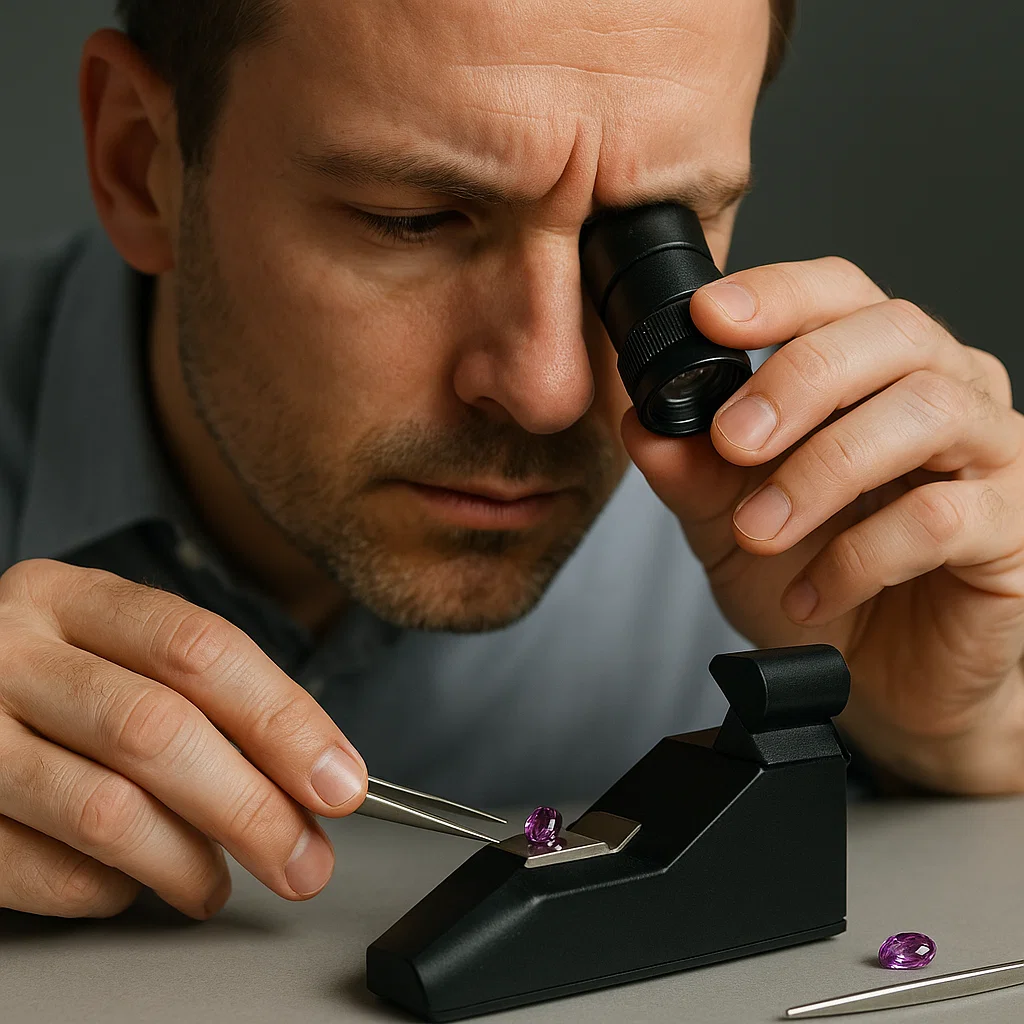 Gemologist using refractometer (Refractive index of gemstones)