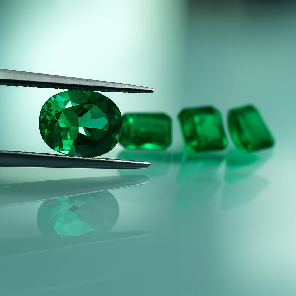 Green gemstones held by tweezers