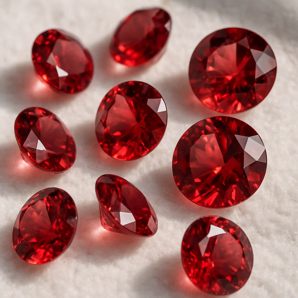 Loose red spinel gems display