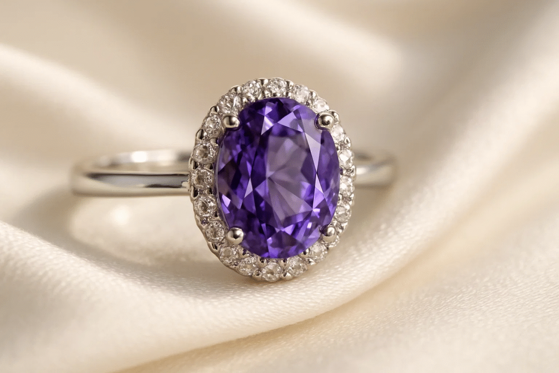 Oval purple sapphire engagement ring