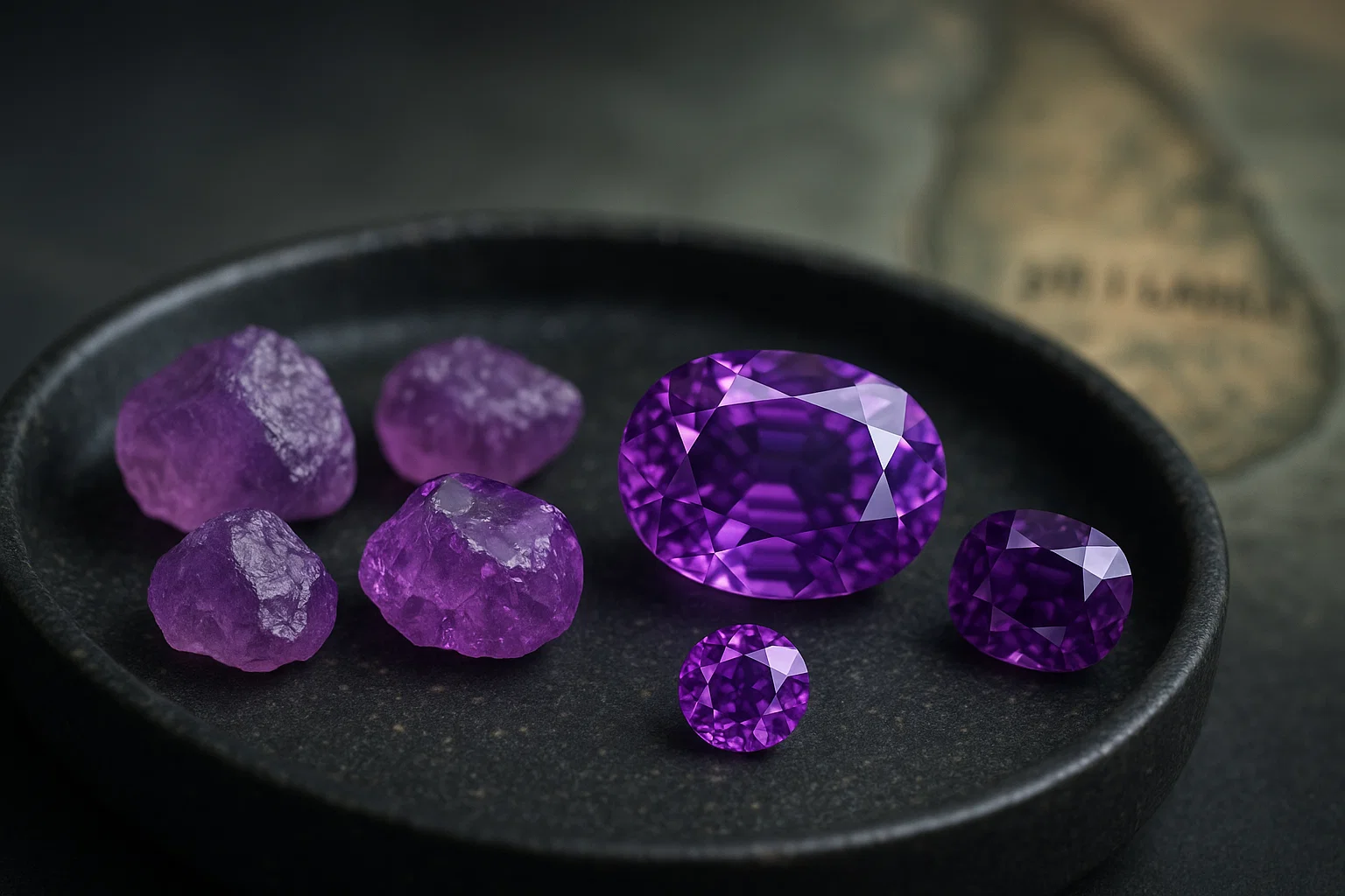 Purple sapphire rough and polished stones