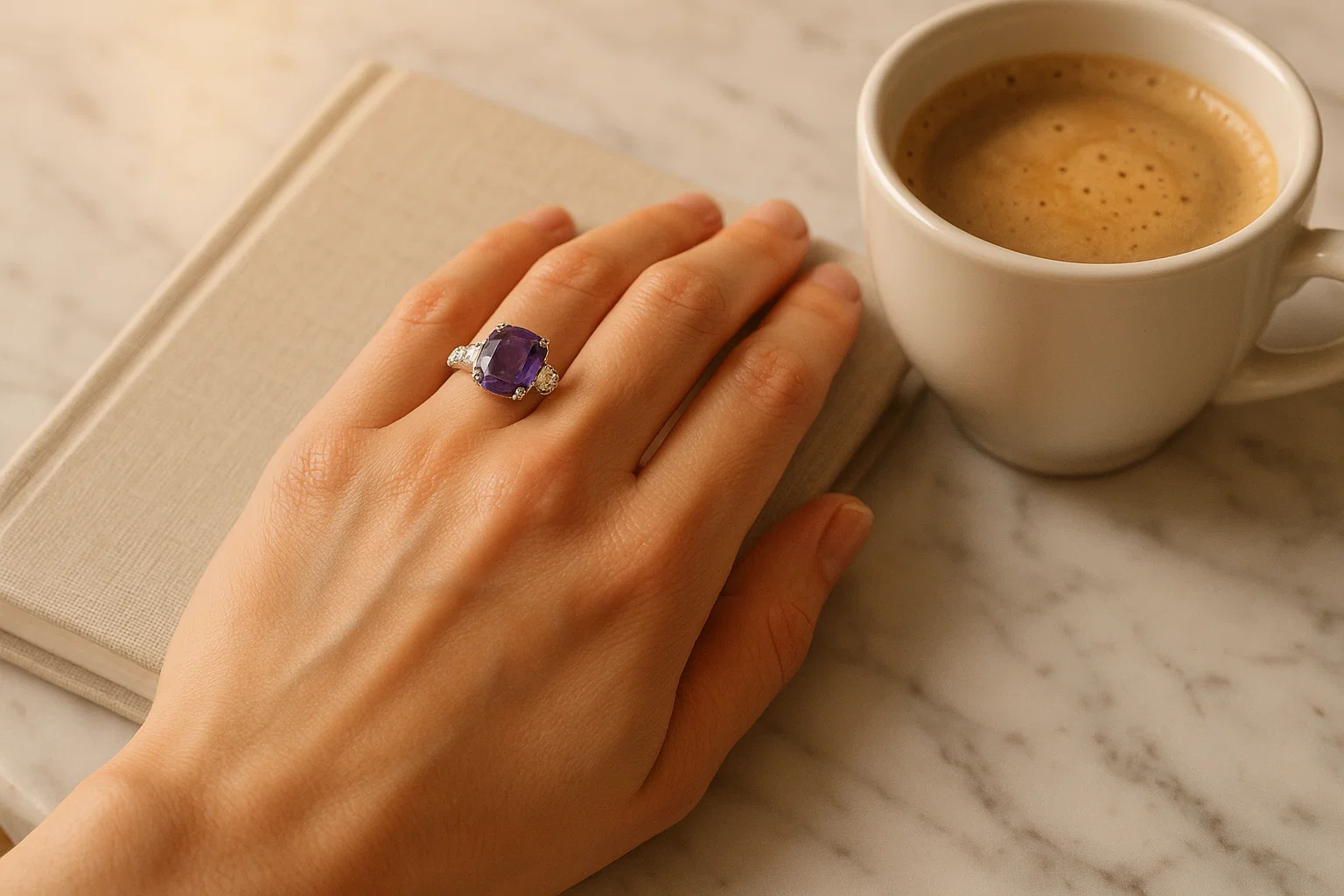 Purple sapphire engagement ring on hand