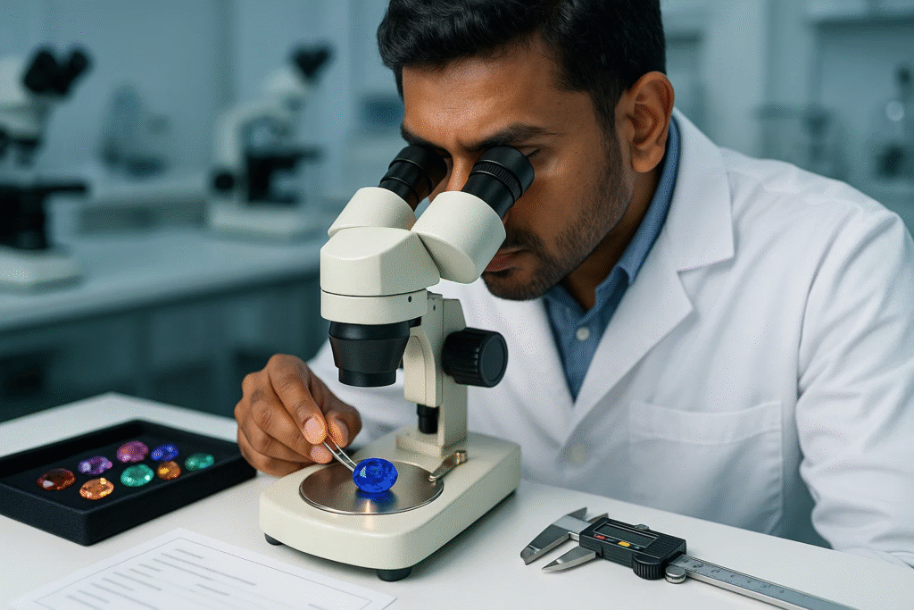 Sri Lankan gemologist testing sapphire