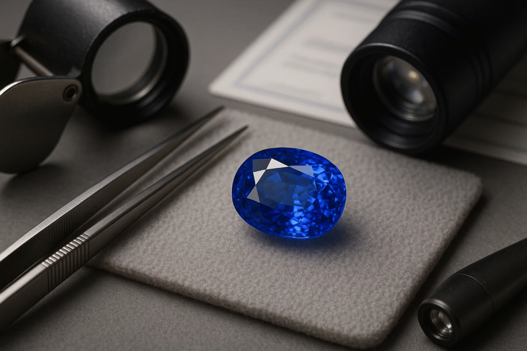 Certified Ceylon sapphire with tools