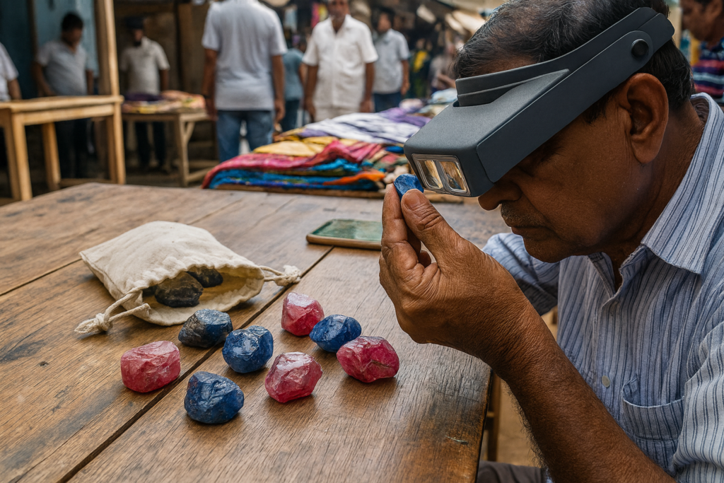 Buyer inspecting rough gemstones closely