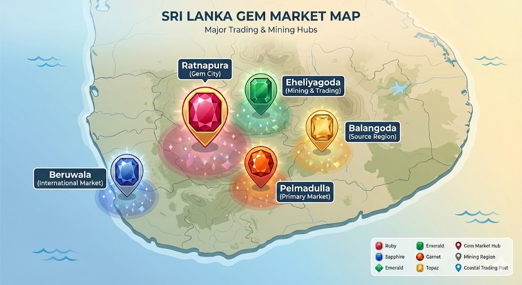Map of gem market locations in Sri Lanka