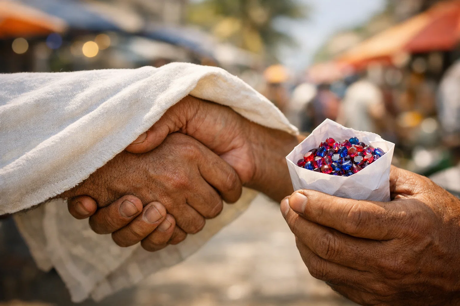 Sri Lankan gemstones displayed on white trader cloth